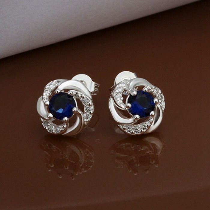 SE439 Silver Jewelry Blue Crystal Flower Stud Earrings For Women