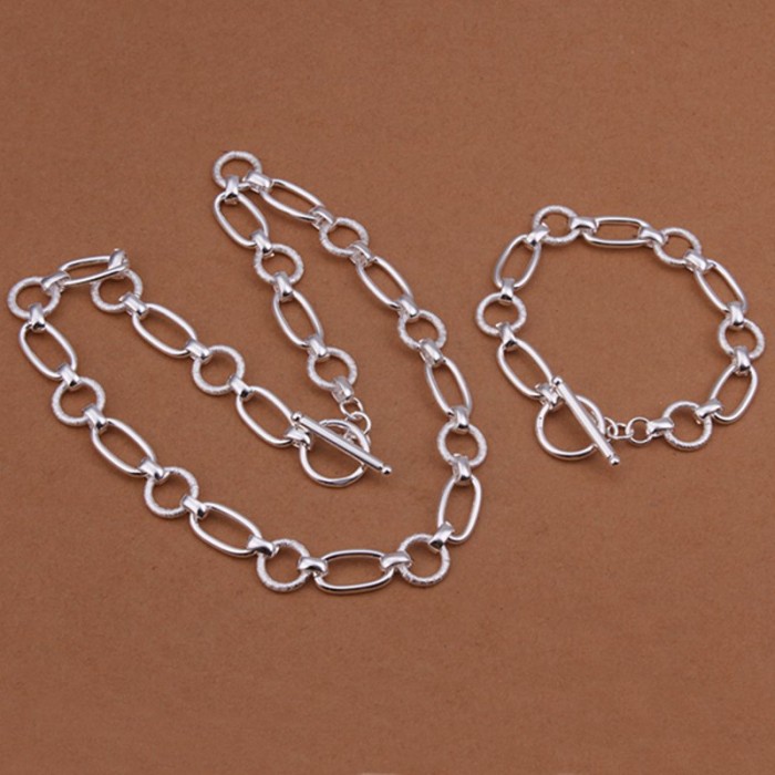 SS417 Silver Circle Chain Bracelet Necklace Jewelry Sets