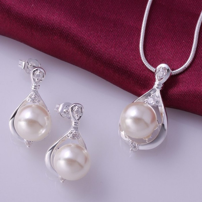 SS735 Silver Crystal Waterdrop Earrings Necklace Pearl Jewelry Sets