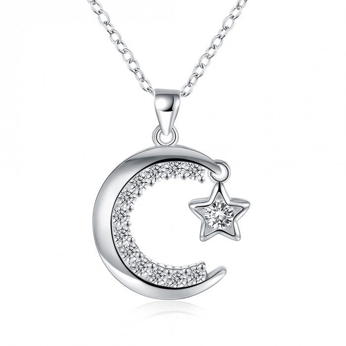 SN859 Hot Silver Jewelry Crystal Moon Star Pendants Necklace