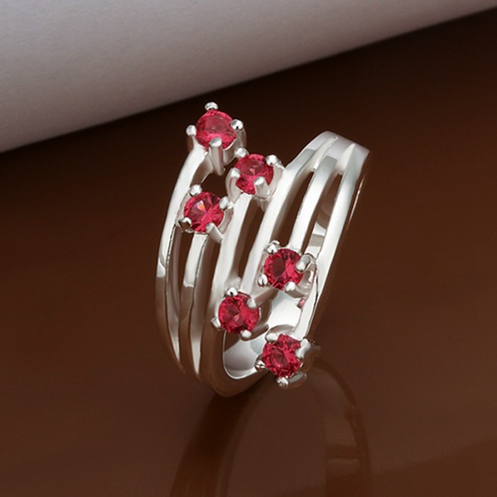 SR368 Fashion Silver Jewelry Red Crystal Flower Rings For Women